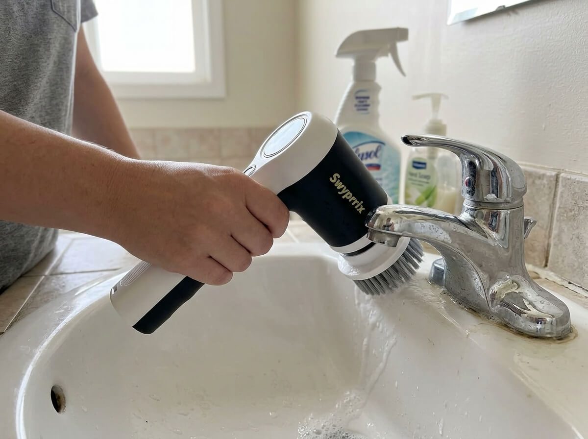 Hand using the Swyprrix SD-CTB02 electric spin scrubber to clean the edge of a bathroom sink near the faucet