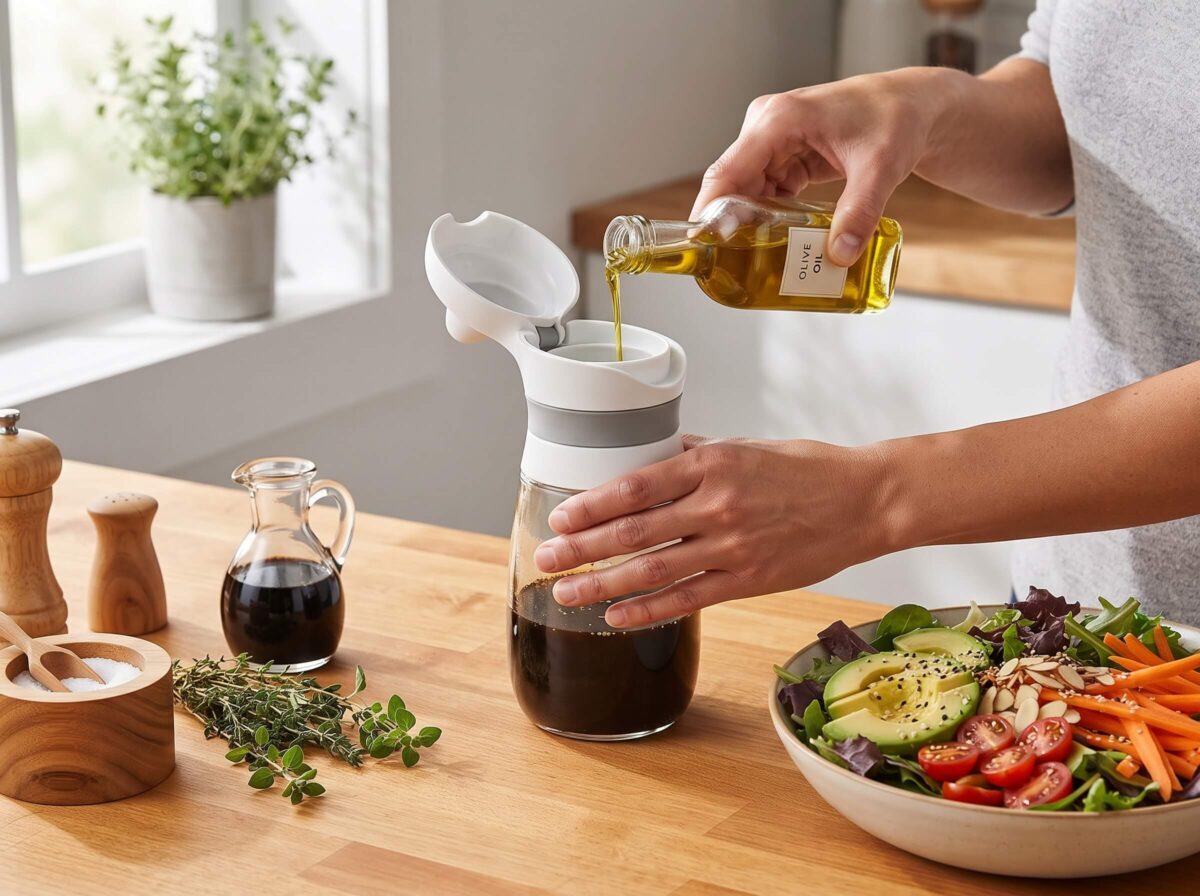 Home cook preparing homemade salad dressing with the OXO Twist & Pour mixer