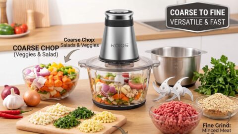 KOIOS 500W food processor with two 8-cup bowls and stainless steel chopping blades