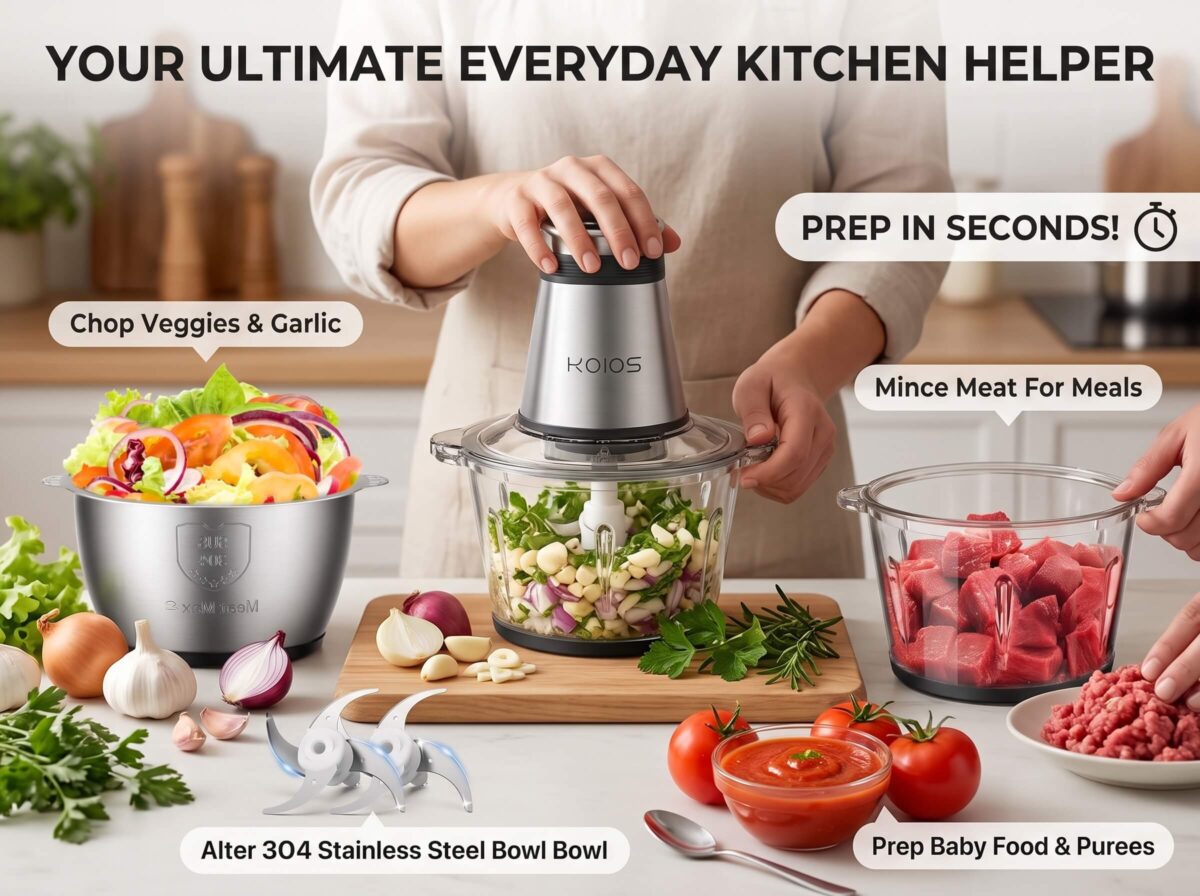 Food Processor KOIOS electric food chopper processing onions and garlic for everyday meal preparation