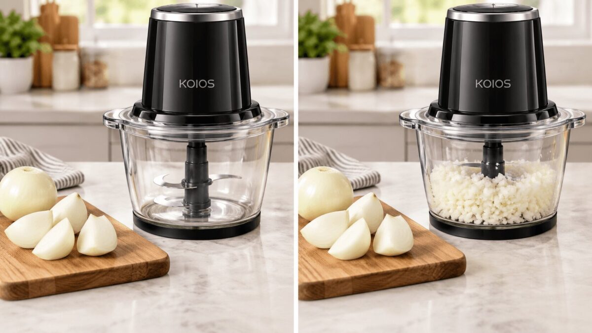 Food Processor KOIOS food processor demonstration showing onion pieces before and after chopping