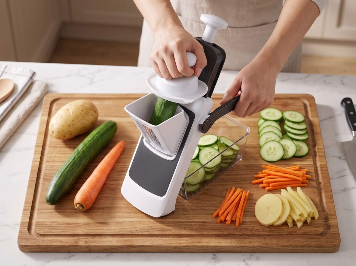ONCE FOR ALL mandoline slicer cutting cucumbers and carrots into uniform slices and julienne cuts