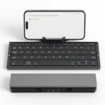 SIKAI CASE foldable Bluetooth keyboard open with a phone on the built-in stand, next to the folded keyboard