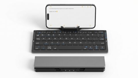 SIKAI CASE foldable Bluetooth keyboard open with a phone on the built-in stand, next to the folded keyboard