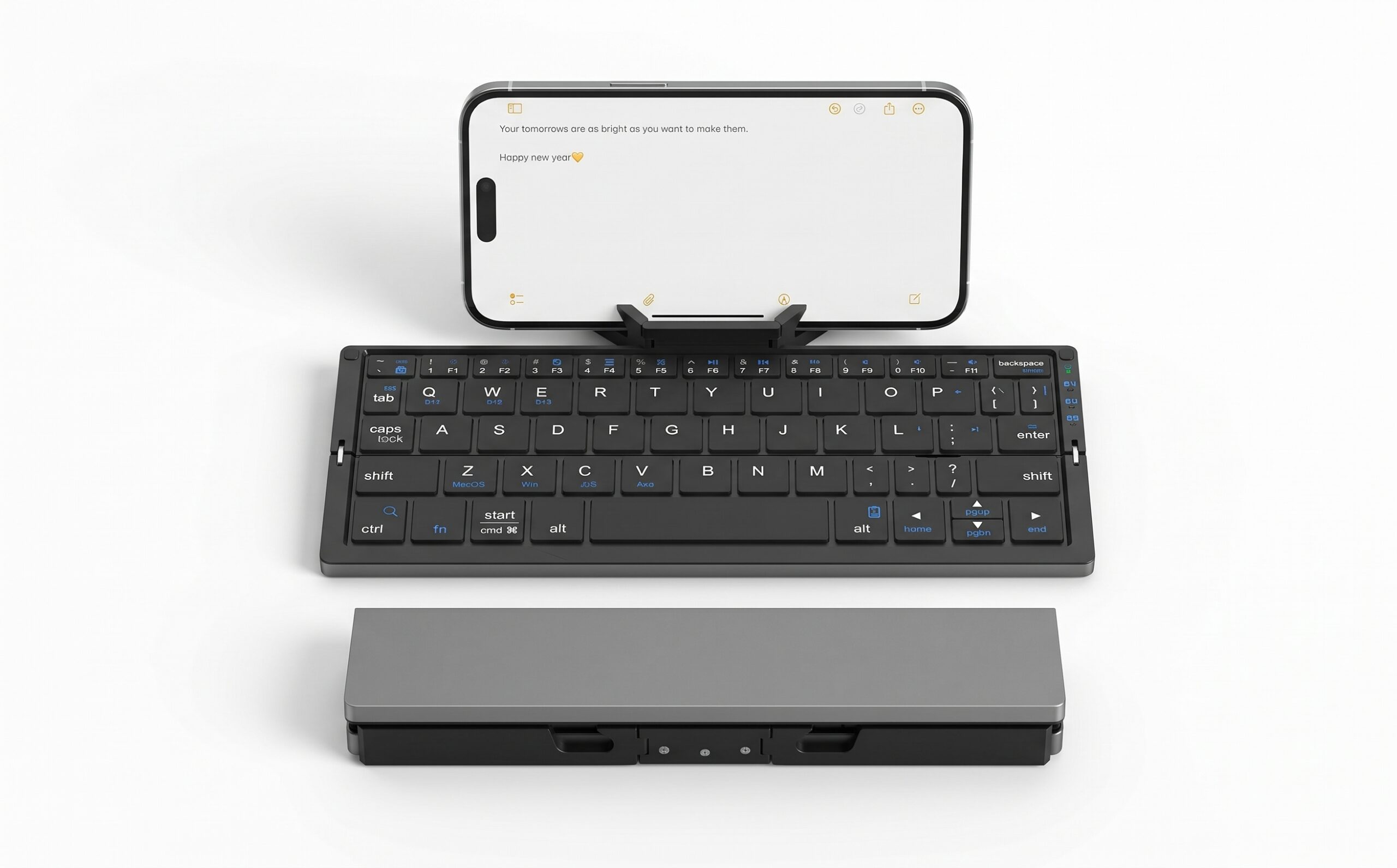 SIKAI CASE foldable Bluetooth keyboard open with a phone on the built-in stand, next to the folded keyboard