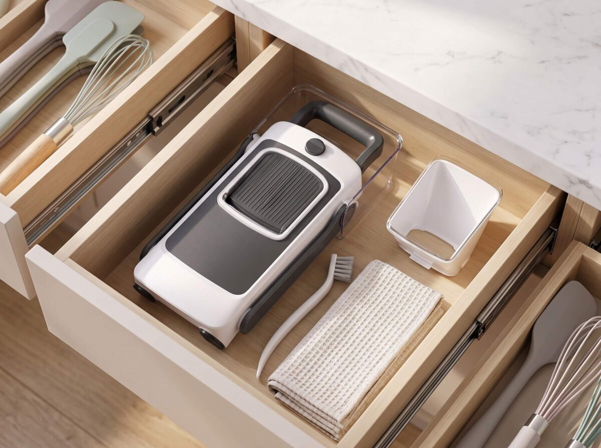 Safe Mandoline Slicer collapsed for compact storage with cleaning brush