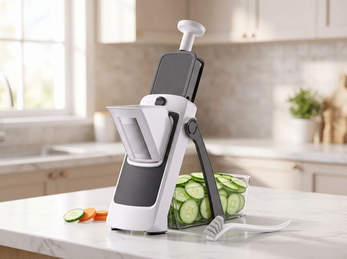 Safe Mandoline Slicer in gray with container and cleaning brush on a kitchen counter