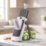 Safe Mandoline Slicer in gray with container and cleaning brush on a kitchen counter