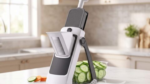 Safe Mandoline Slicer in gray with container and cleaning brush on a kitchen counter