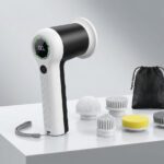 Swyprrix SD-CTB02 electric spin scrubber with six brush heads and storage bag on a clean studio background