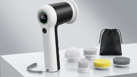 Swyprrix SD-CTB02 electric spin scrubber with six brush heads and storage bag on a clean studio background