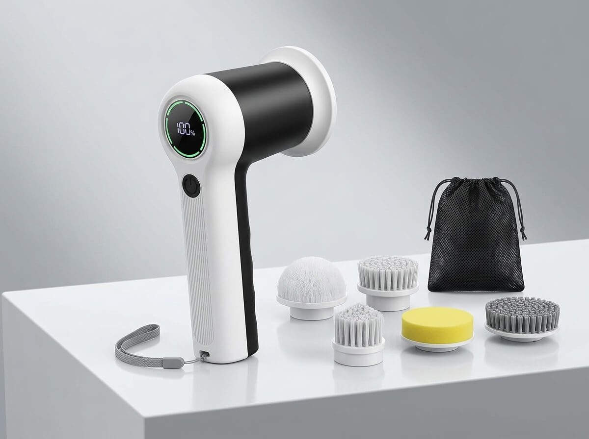 Swyprrix SD-CTB02 electric spin scrubber with six brush heads and storage bag on a clean studio background