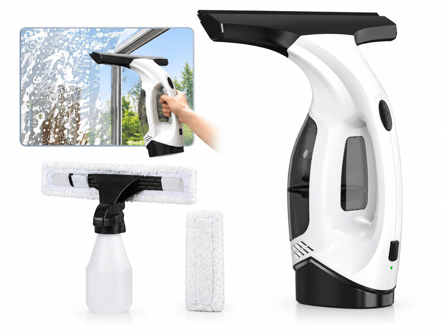Clarity Pro cordless window vacuum squeegee with spray bottle and microfiber pad